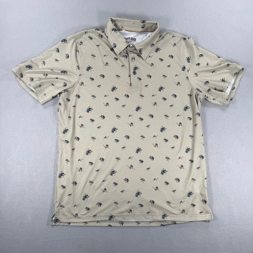 North River Outfitters Mens Tan Fly Fishing Lure Print Polo Shirt Medium M
